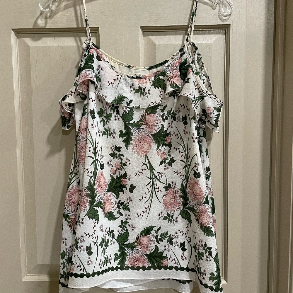 M.S.S.P White and Green Floral Cold Shoulder Top